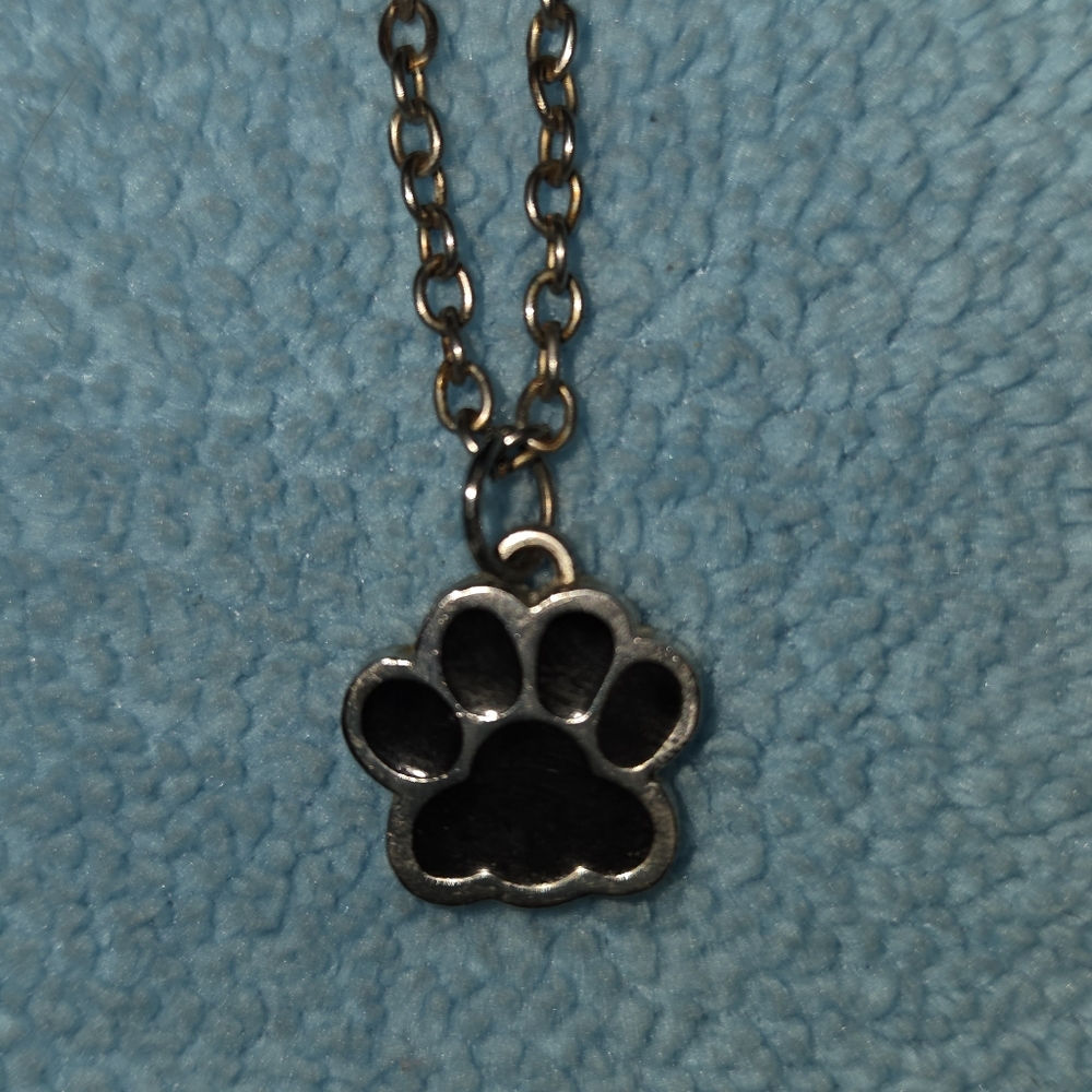 Elegant Silver Necklace with Black Paw Print.